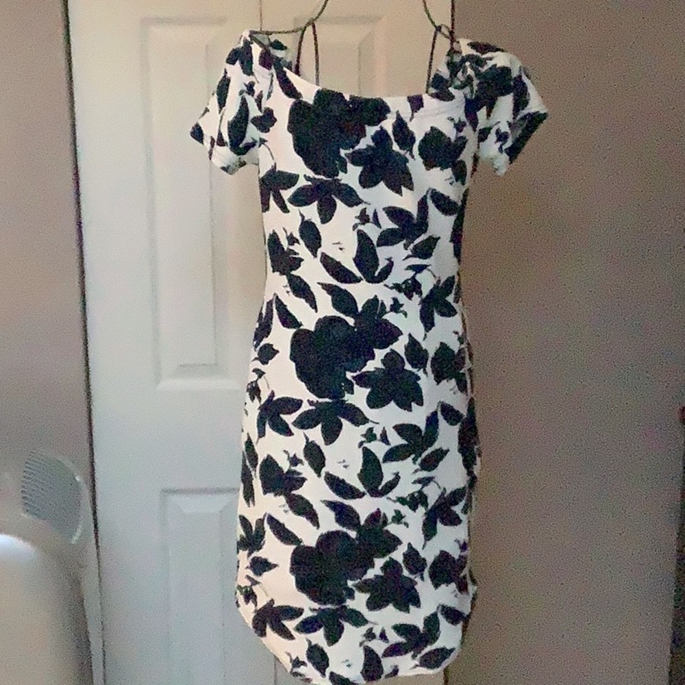 Fitted white with navy blue floral print - fitted slightly off shoulder dress
